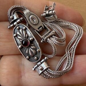 VINTAGE GARNET CABOCHON FOXTAIL CHAINS 925 STERLING SLVR BRACELET DESIGNER STAMP